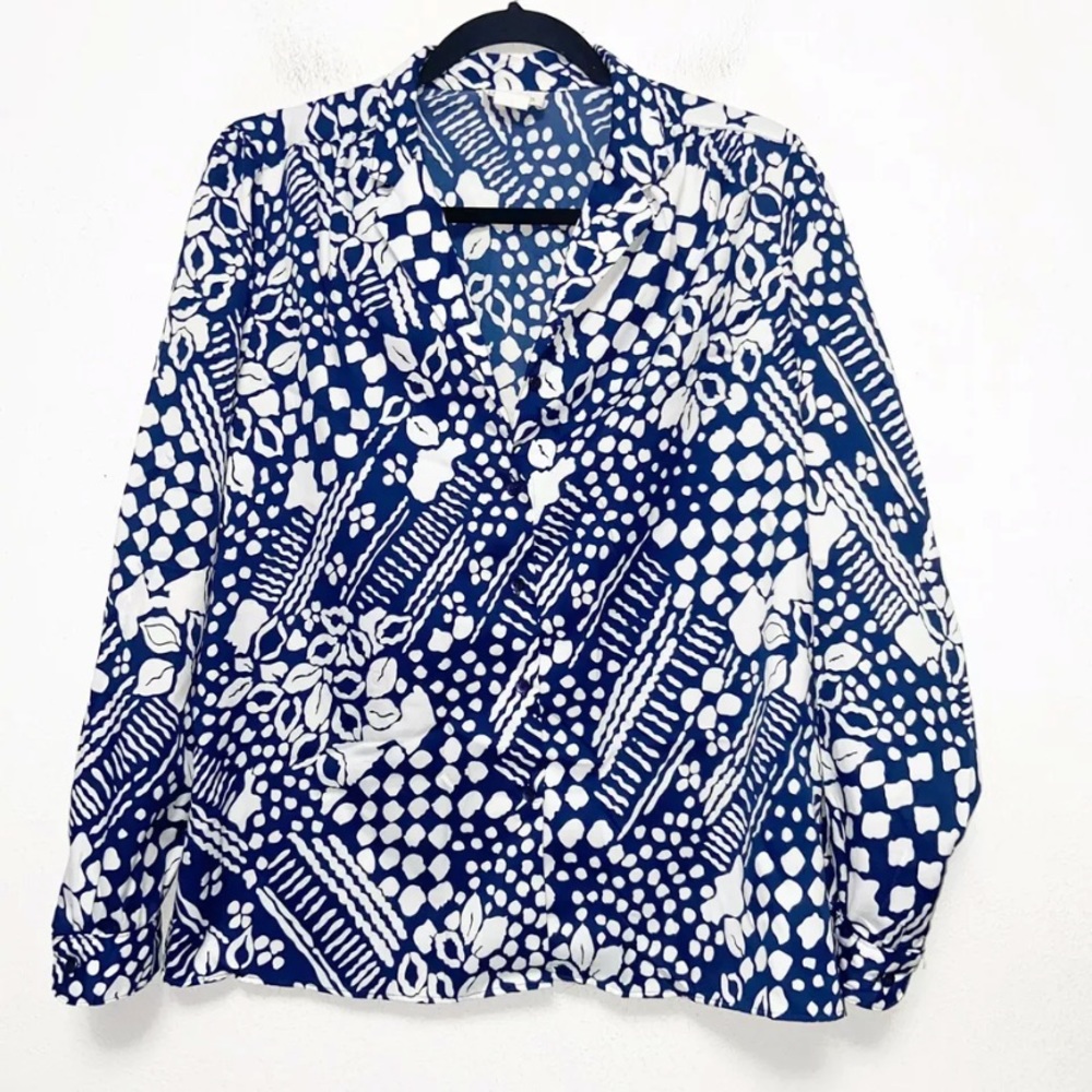 Vintage 70s Levis Blue White Floral Button Up Blouse